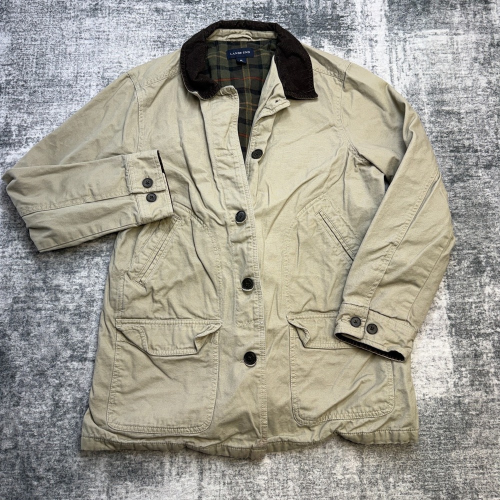 Lands End Barn Jacket Women Medium Beige Chore Field Coat Flannel Lined Corduroy
